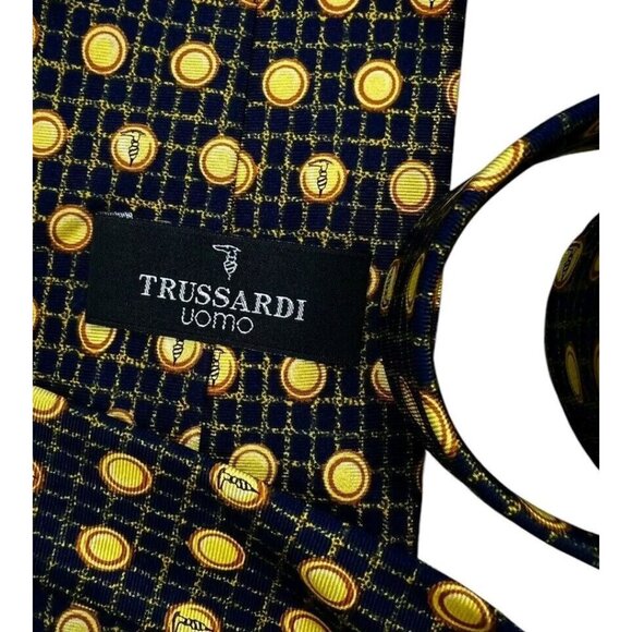 TRUSSARDI Men's Silk Necktie LUXURY Tie Navy Geometric Monogram Logo W:3.8" EUC - Picture 2 of 4